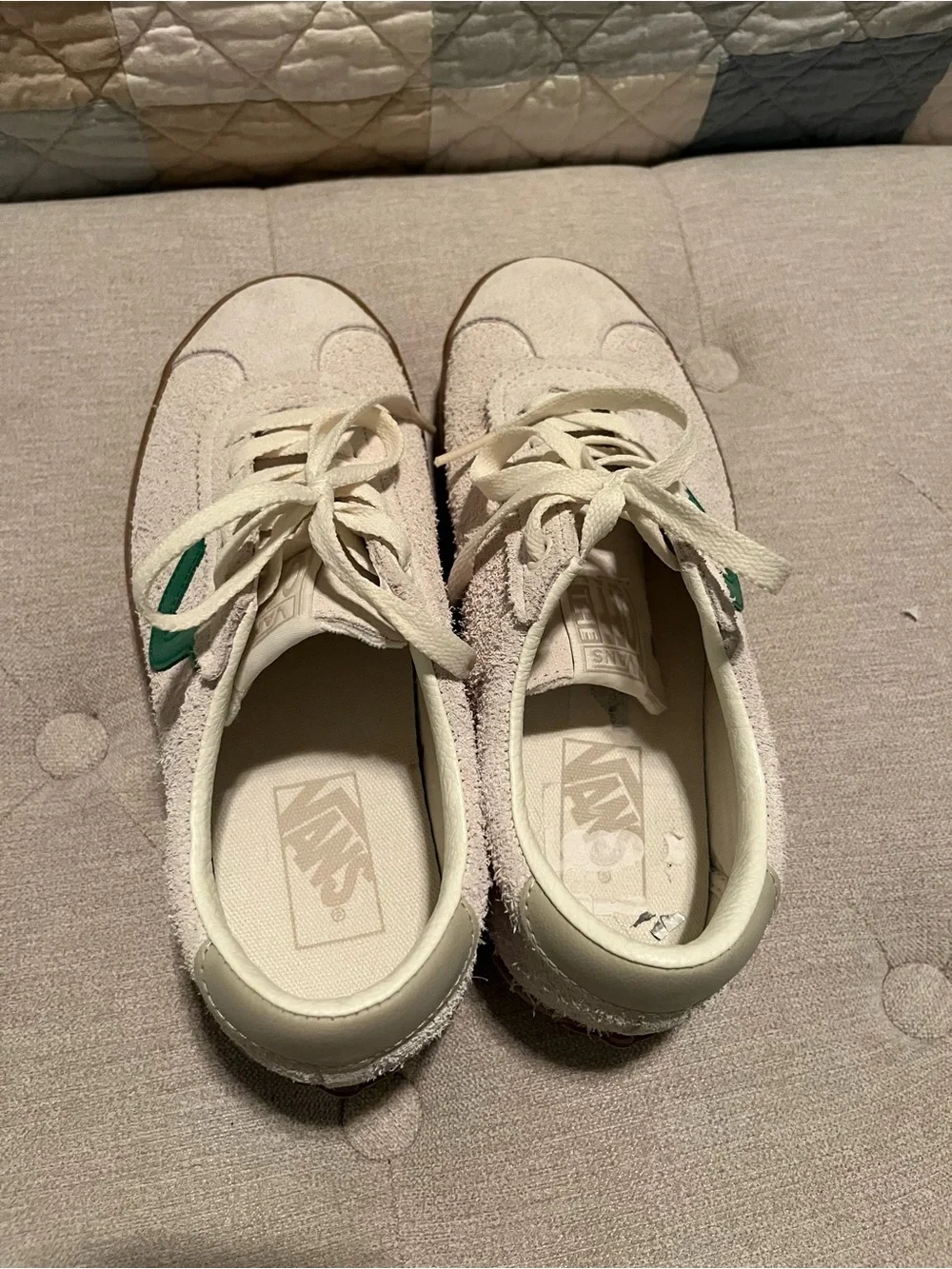 Vans Cream Suede Sneakers with Green Side Stripe and Gum Sole